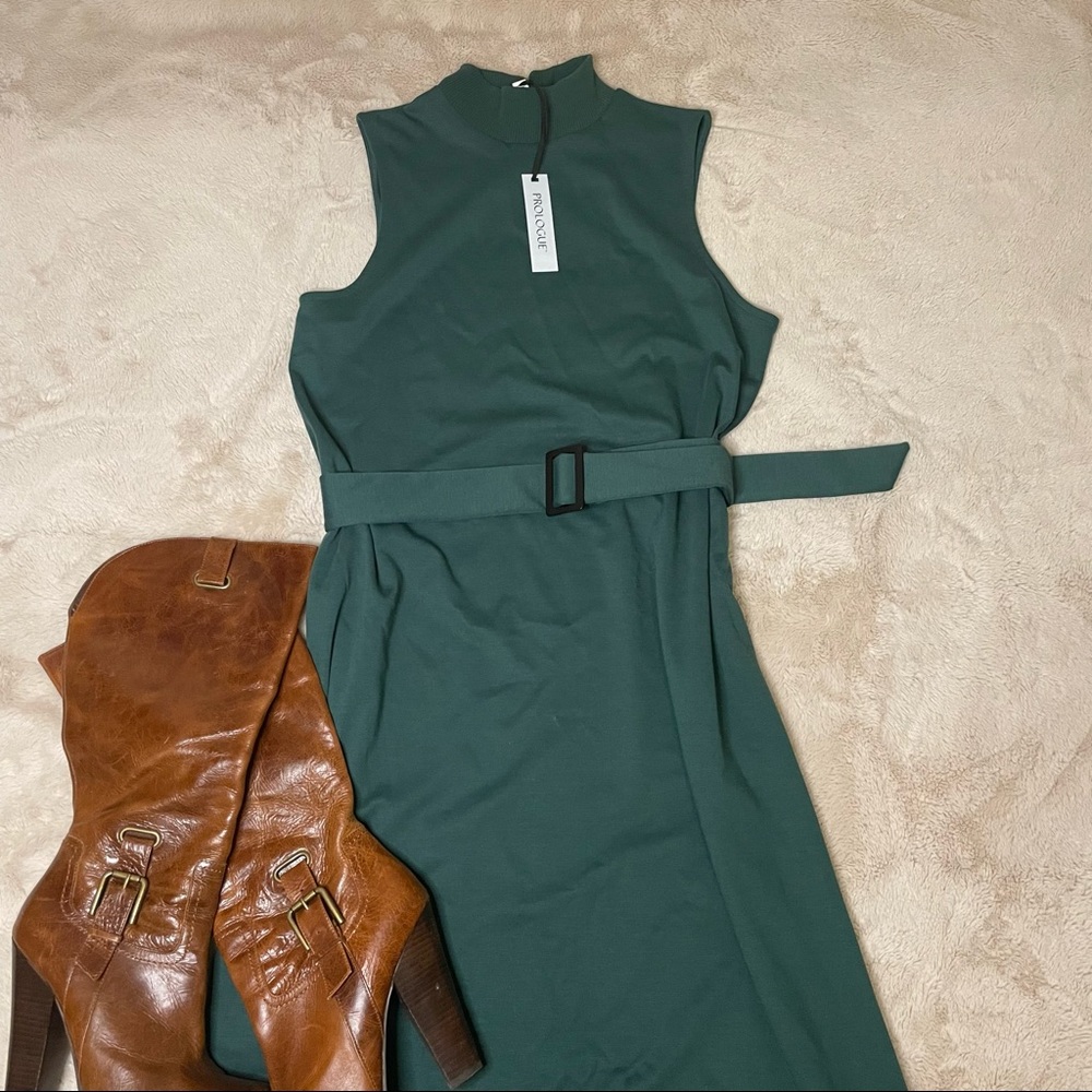 Faux Turtleneck Sleeveless Belted Dress